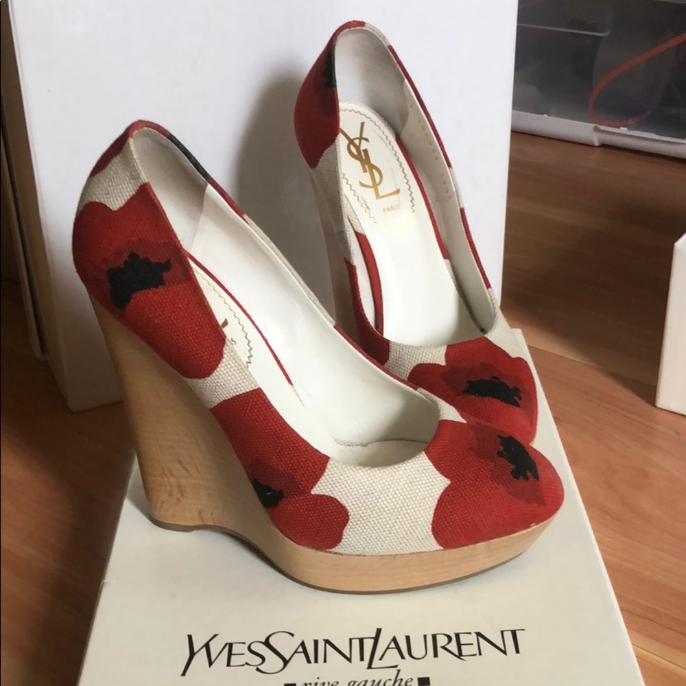 NEW YSL Maryna 105 white / Poppy wedges - sz 35.5